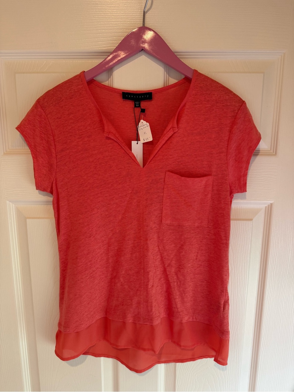 Sanctuary Coral Notch-Neck Short Sleeve Pocket Tee